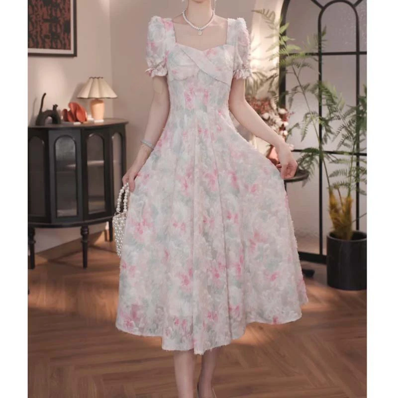 【时光小铺】【有里布】2025夏季新款花色长款显瘦收腰连衣裙D1861