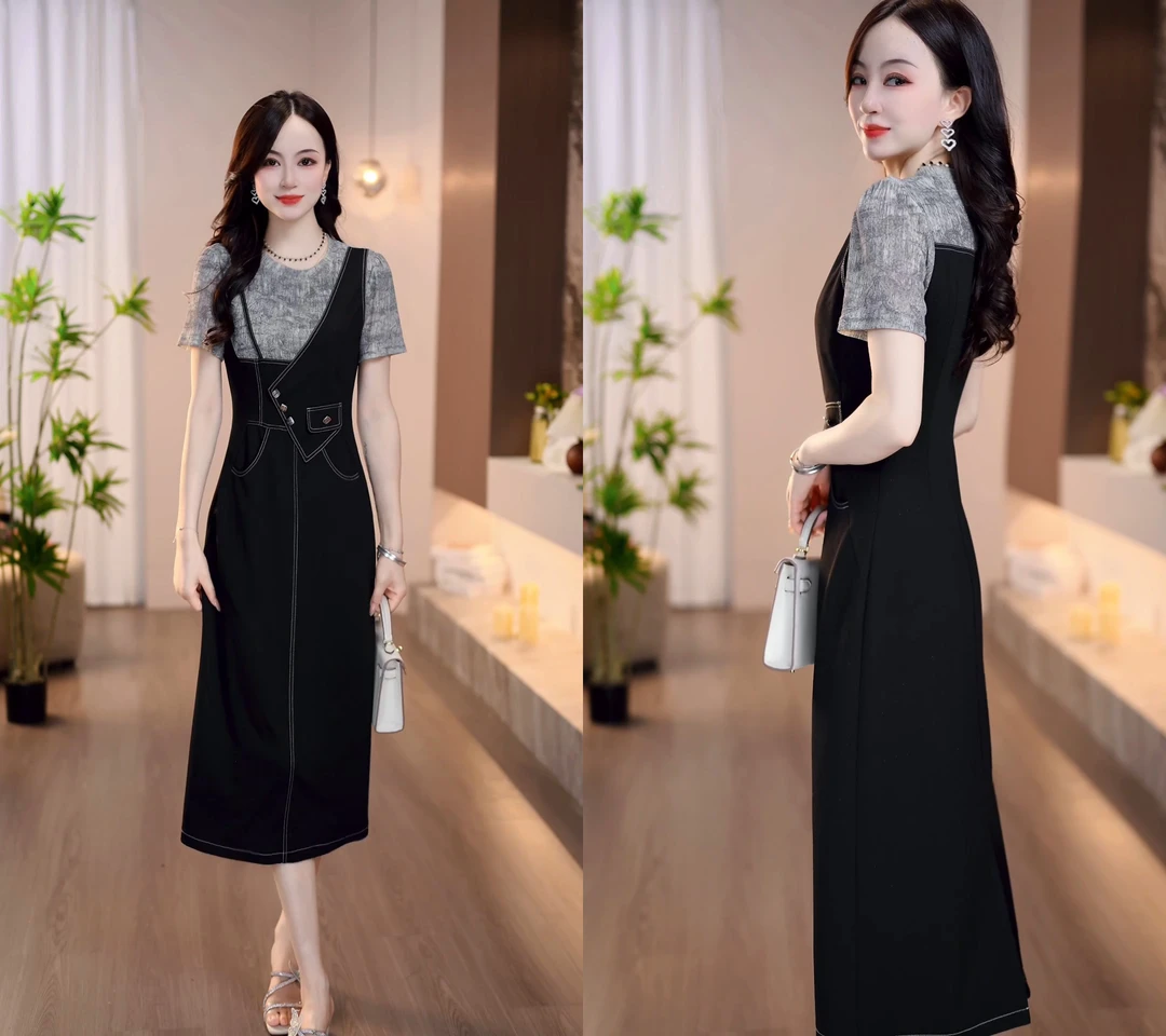 2025夏季新款灰黑小众拼接时髦休闲设计中长款修身连衣裙M-4XL