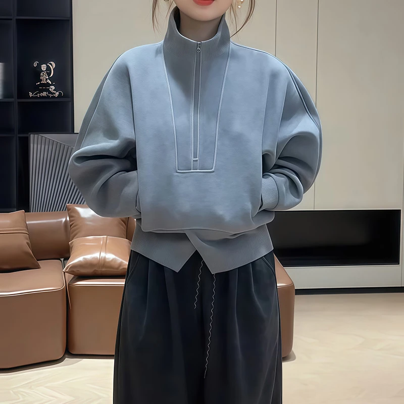 圆领秋冬拉链长袖卫衣2025年新款百搭纯色显瘦女装休闲风慵懒上衣