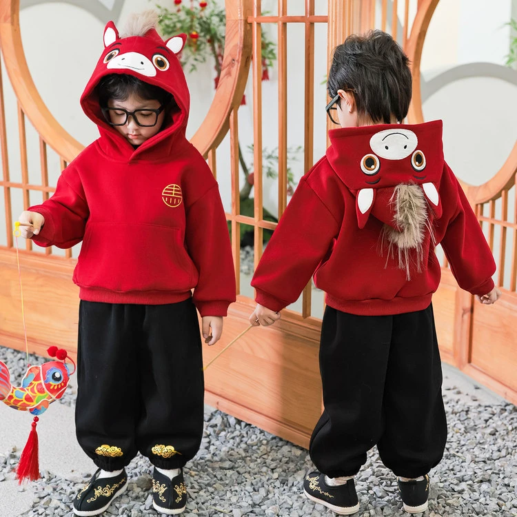 棉65%男童冬装小马年服套装2026新款儿童加绒加厚拜年服中小童喜