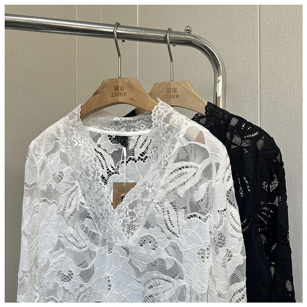 C067夏季新款女士宽松镂空V领长袖休闲蕾丝上衣