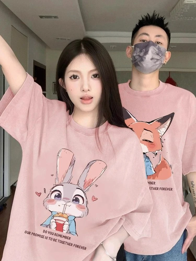 高级感情侣装小众夏季纯棉t恤卡通尼克朱迪ins夏日多巴胺粉色短袖