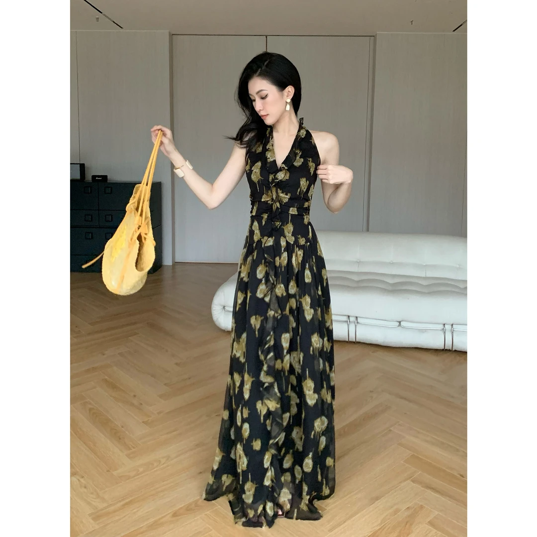 JIJINQI时尚气质法式碎花小众长裙收腰夏季连衣裙女 JD04LZPT1228