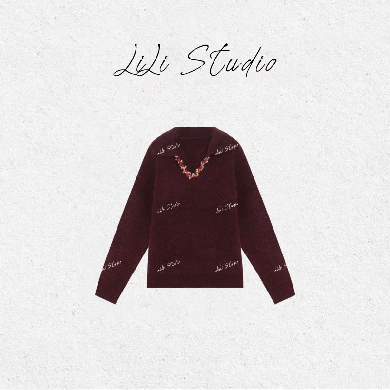 PCNY丨不理理「软糯花絮」法式复古高级感亮片翻领针织毛衣