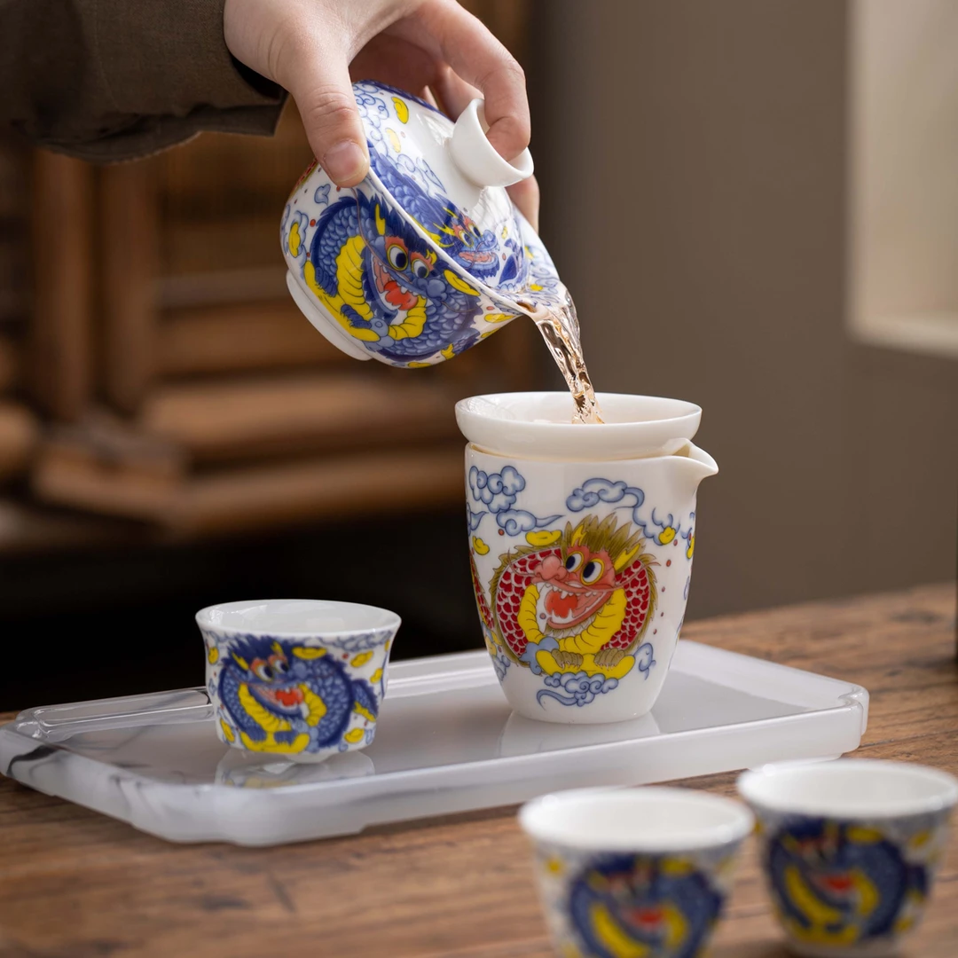 景德镇青花龙三才盖碗茶杯单个高档茶碗带盖陶瓷喝茶楼功夫茶具