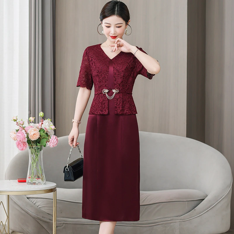 yqwl5571喜婆婆婚宴装礼服裙子2025夏季新款妈妈装酒红色连衣裙女