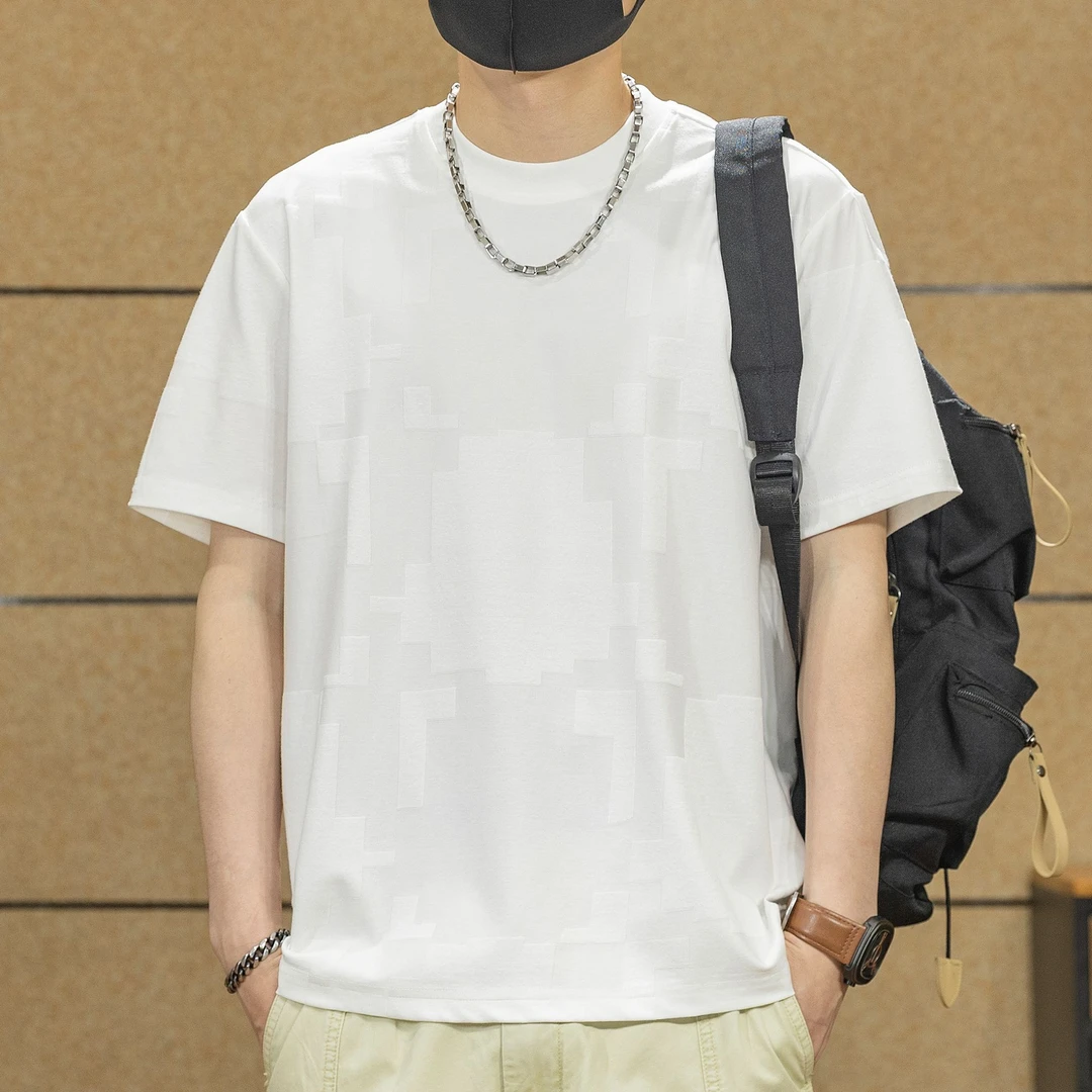 高端夏季潮牌新款设计感几何提花质感短袖T恤男士休闲宽松款半袖T