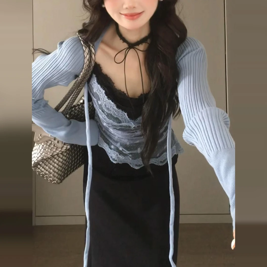 韩系黑色蕾丝吊带连衣裙子女秋冬季2025新款高腰显瘦长裙三件套装