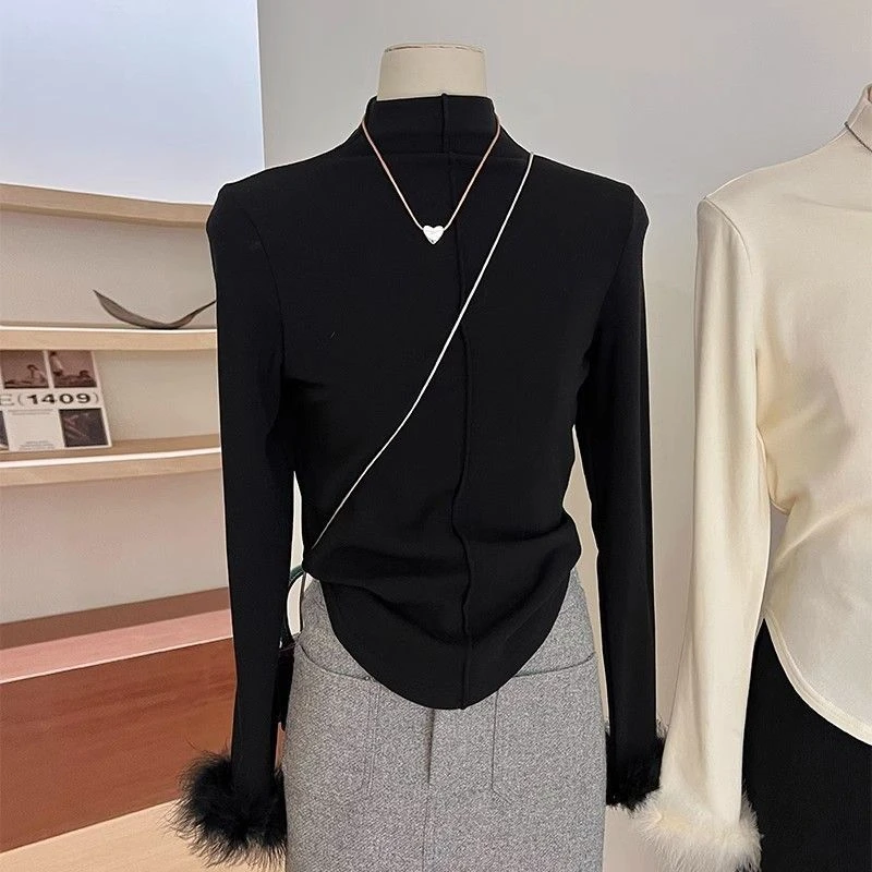 半高领磨毛打底衫女秋冬修身毛毛长袖氛围感t恤设计感内搭上衣潮