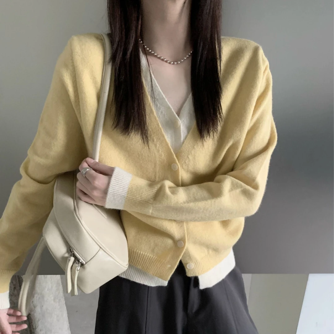 2025年新款V领撞色假两件百搭慵懒风高级感针织开衫925