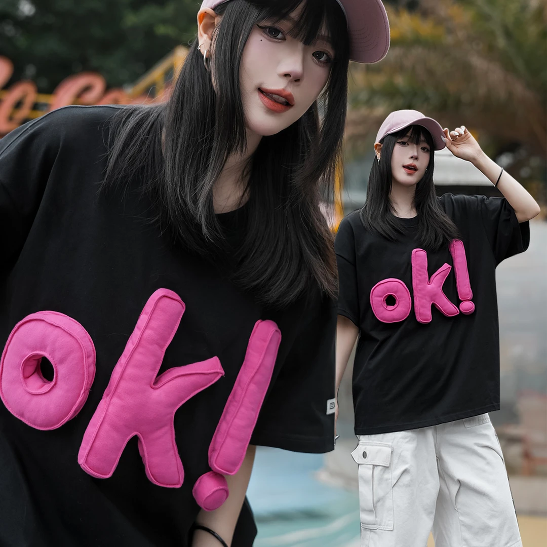 CURPOPP国潮美式ok字母立体刺绣短袖t恤女夏季宽松休闲情侣装上衣