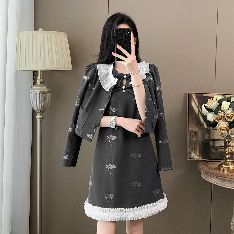 小个子短款新中式法式长袖千金风时尚套装女2025秋季背心裙两件套
