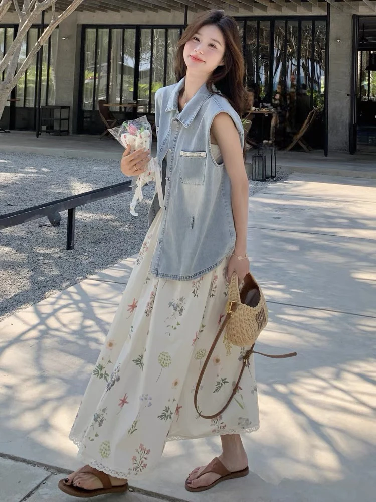 612#可盐可甜牛仔马甲碎花半身裙套装
