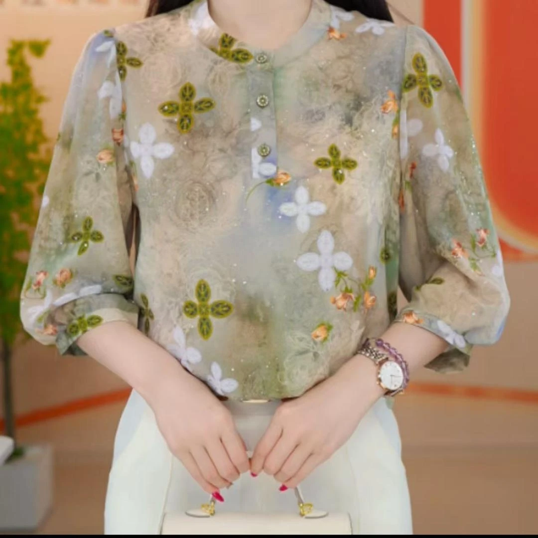 2025夏季新款八方来财衬衫女薄款妈妈装减龄洋气小衫宽松遮肚上衣