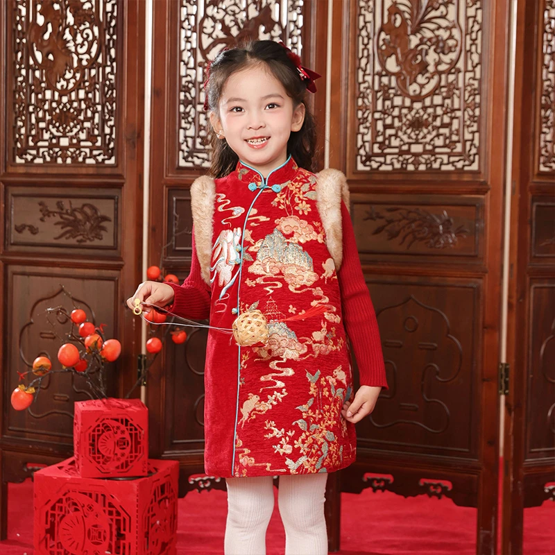 旗铂-知瑾 2026新款新中式冬装儿童新中式国风马甲套装红色