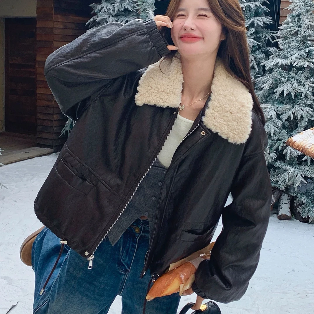 新款皮衣羔毛领羽羽短外套5201