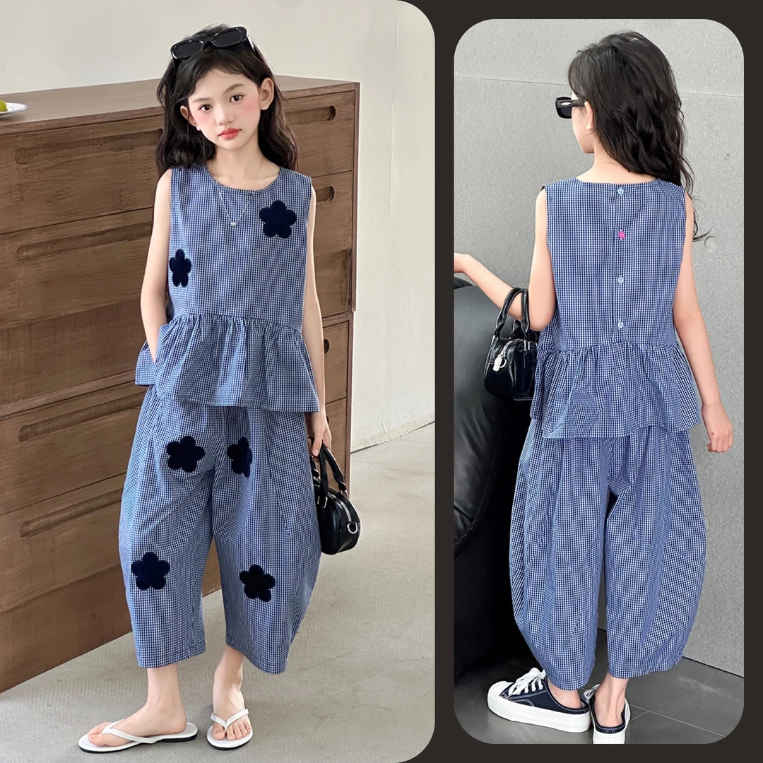 女童夏季时尚绣花无袖格子套装6~12岁中大童休闲宽松洋气韩版时髦