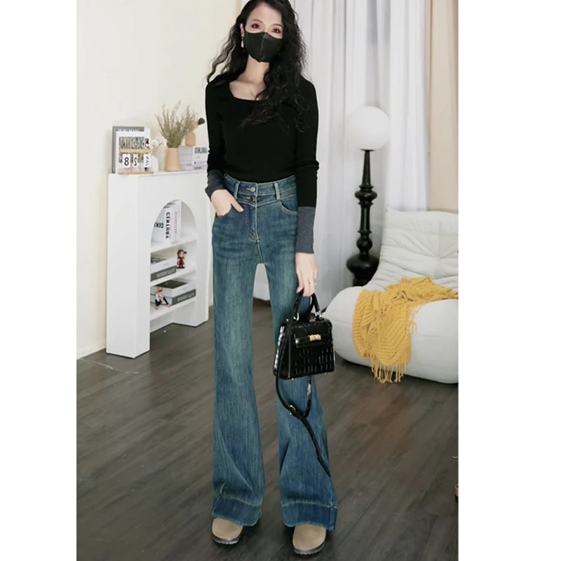 高腰微喇牛仔裤女2025春季新款弹力小个子不贴腿喇叭长裤
