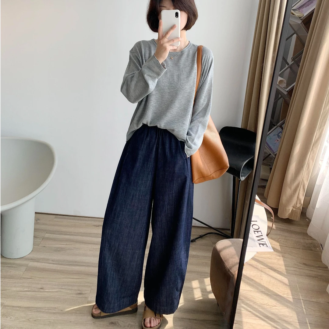 小个子棉麻阔腿牛仔裤女秋季新款大码胖mm显瘦宽松垂感九分奶奶裤