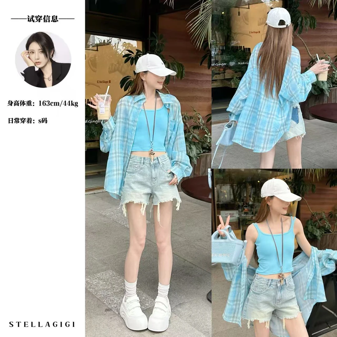 SG / 杨依姗 SS韩系蓝色格子撞色衬衣+背心两件套TZ-20250951