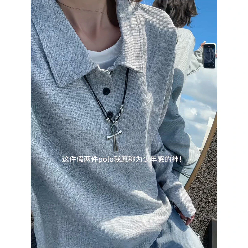 假两件polo衫男女秋季高级感翻领长袖T恤cleanfit美