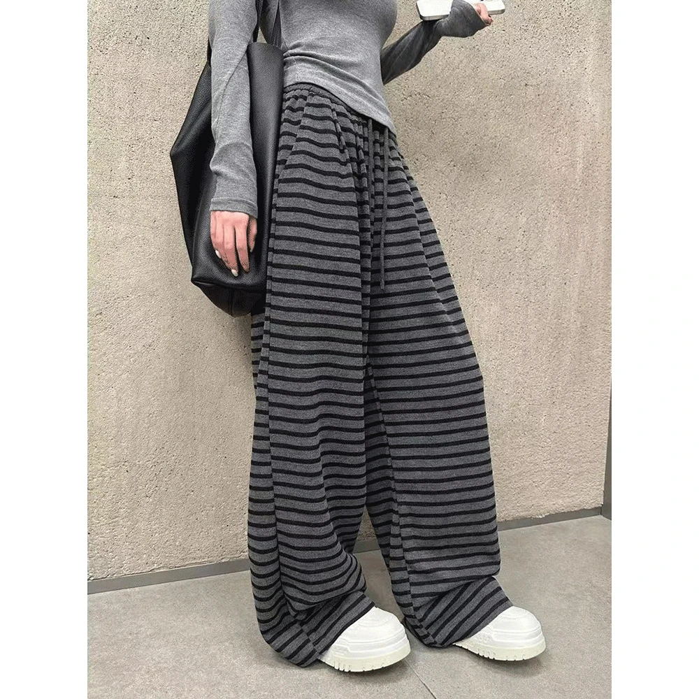 韩系休闲风条纹松紧腰针织裤女春季新款阔腿裤显瘦显高百搭长裤潮