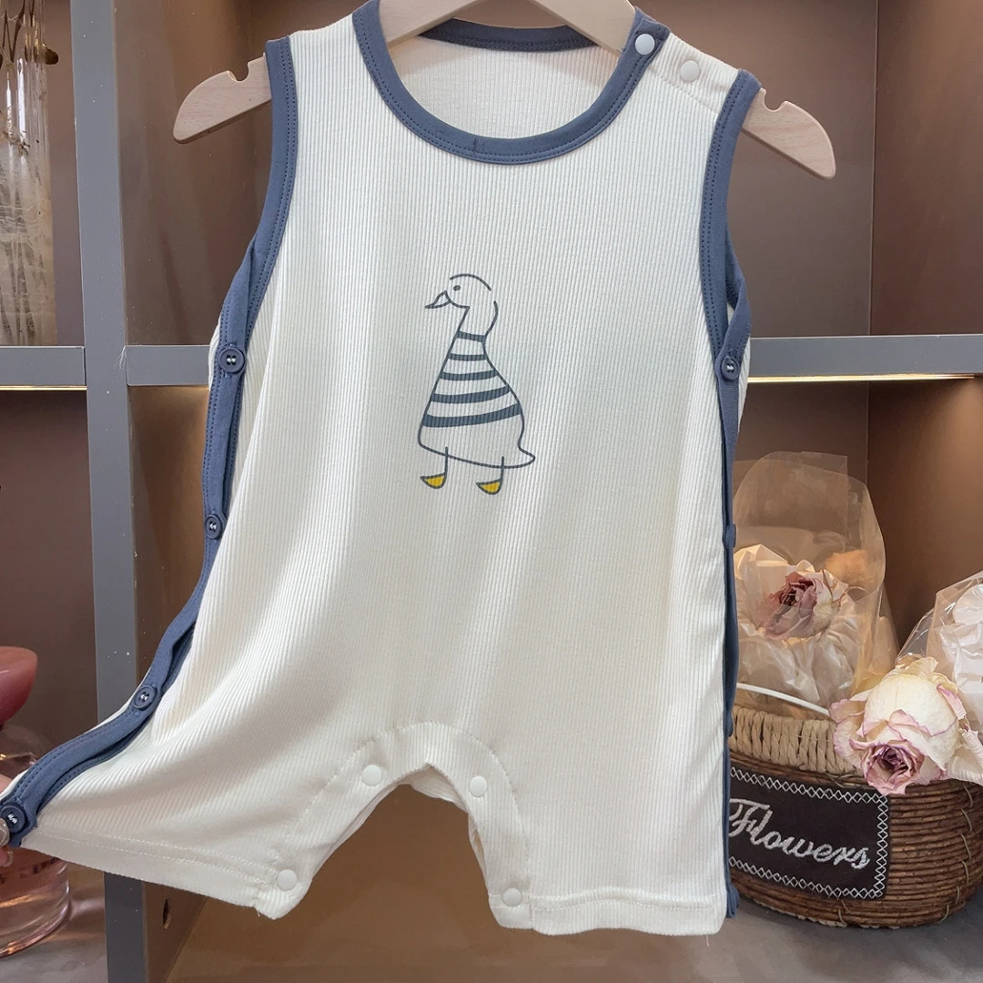 新款金脚掌萌鸭巡游哈衣婴幼儿薄款无袖小动物可爱套头棉质连体衣