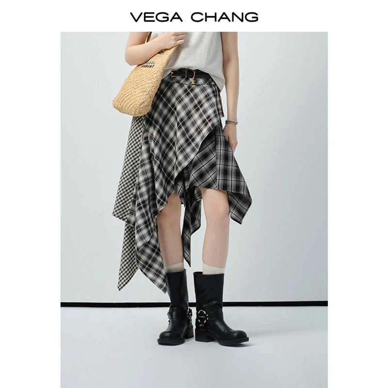 VEGA CHANG半身裙女2025新款夏通勤百搭不规则格纹高腰中长裙0265