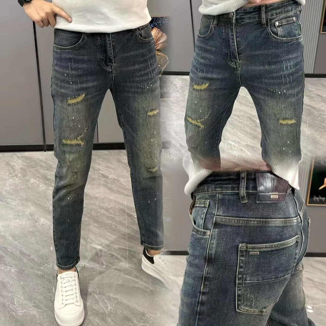牛仔裤男痞帅高档男裤冬季新款破洞小脚裤高品质弹力修身显瘦长裤