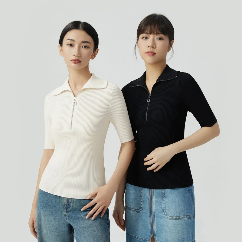 哥弟真的好女装拉链竖坑条针织短袖纯色上衣A301239