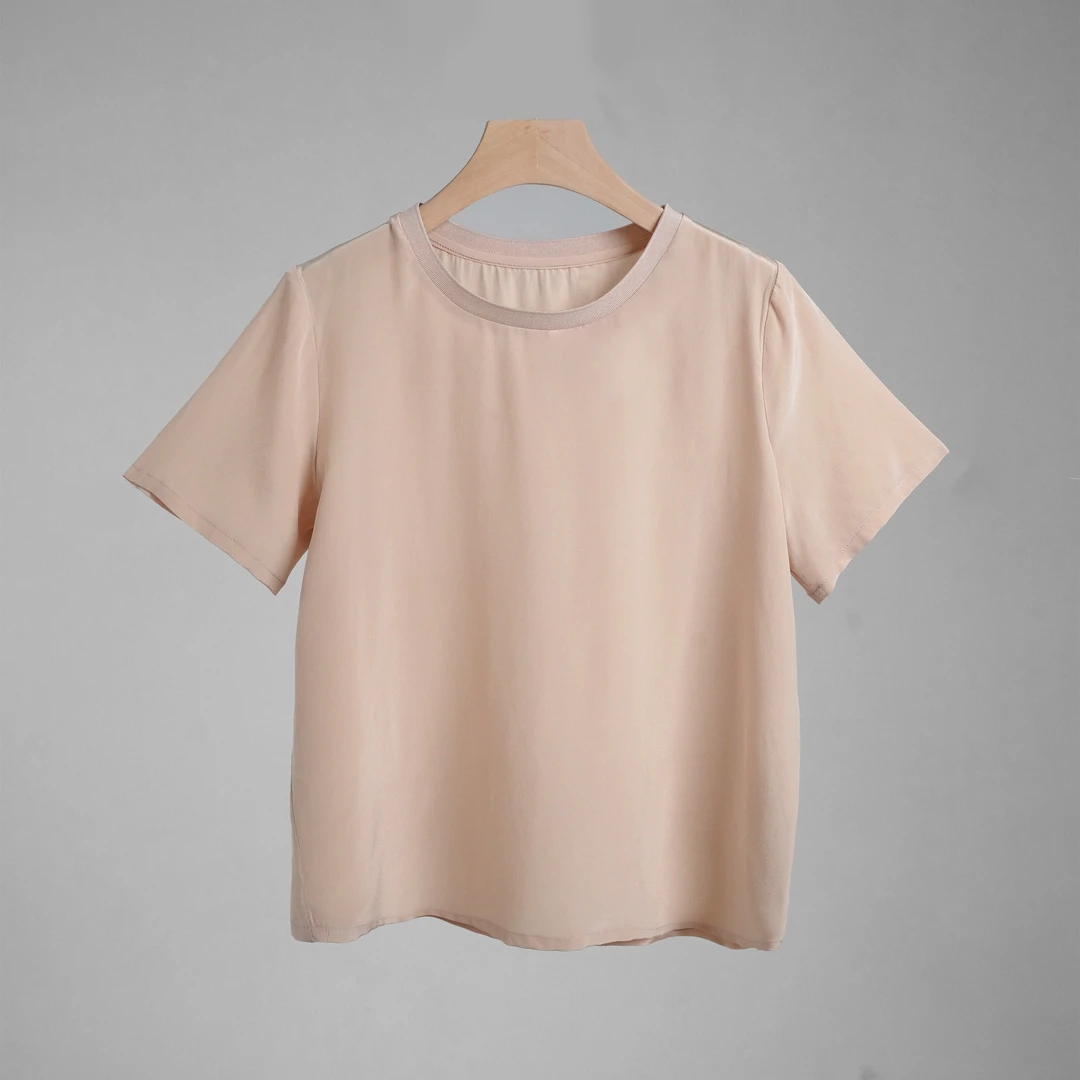 真丝短袖桑蚕丝女士真丝上衣纯色休闲LW  825075 肉粉色