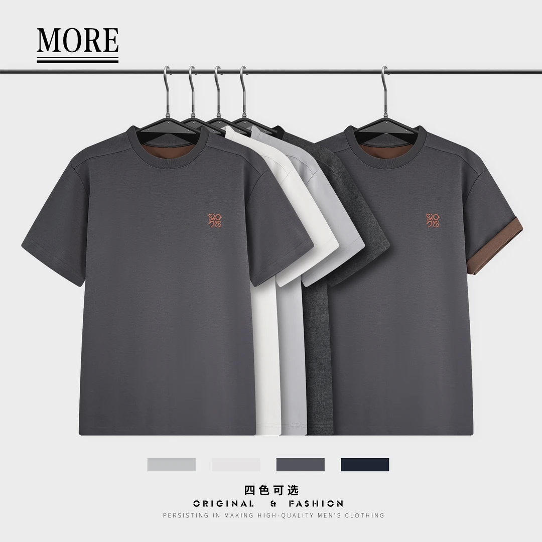 【夏季新款】潮流时尚刺绣标撞色翻折袖设计百搭圆领短袖上衣 72016