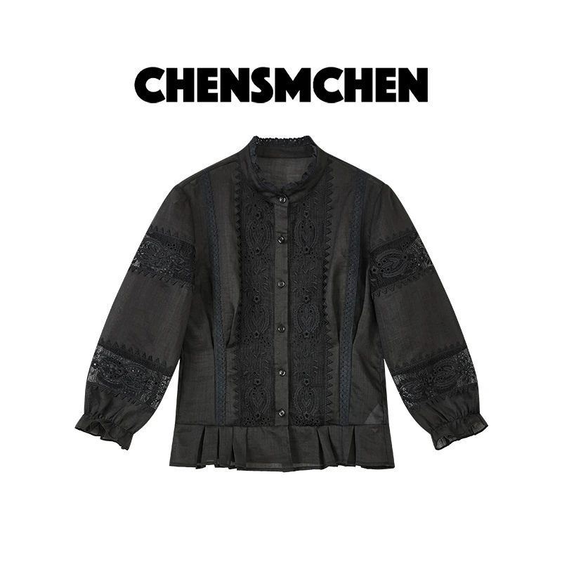 CHENSMCHEN100苎麻时尚镂空拼接长袖衬衫女优雅气质衬衣CSC5617YW