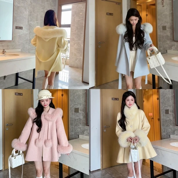 双面大衣女小个子甜美风格毛领设计感外套秋冬高级气质