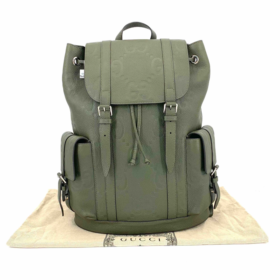 99新 GUCCI/古驰 闲置品军绿色全皮压纹双肩包 尺寸34/41 23年款