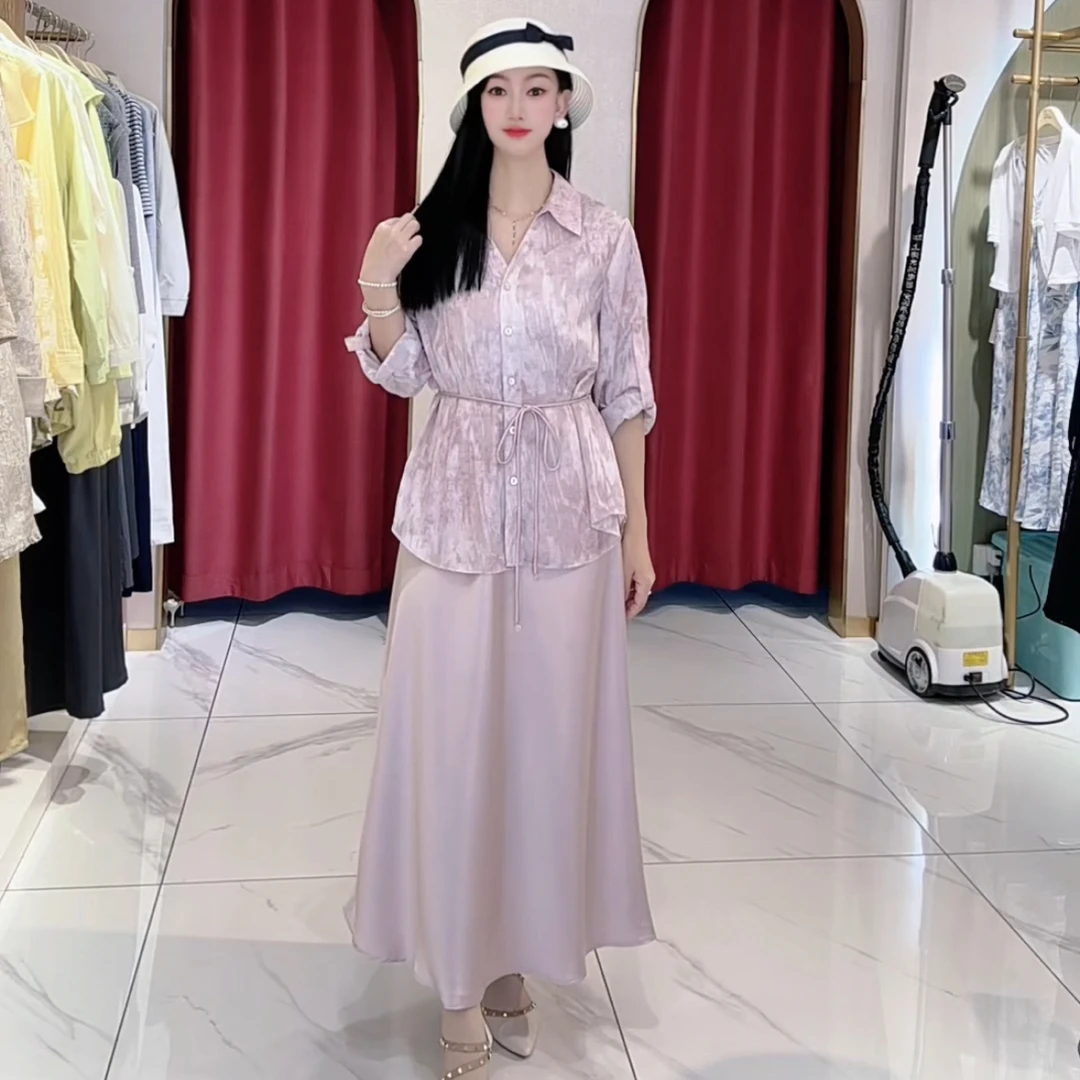 韩系高级设计款长款防晒衬衫搭配缎面吊带连衣裙套装