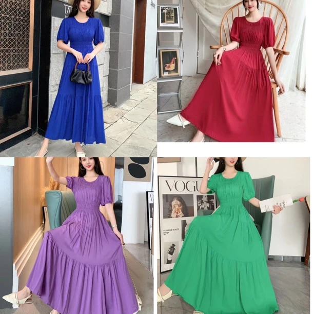 纯色7色集合法式度假风轻奢显瘦气质连衣裙蓝色红色裙子长款微胖