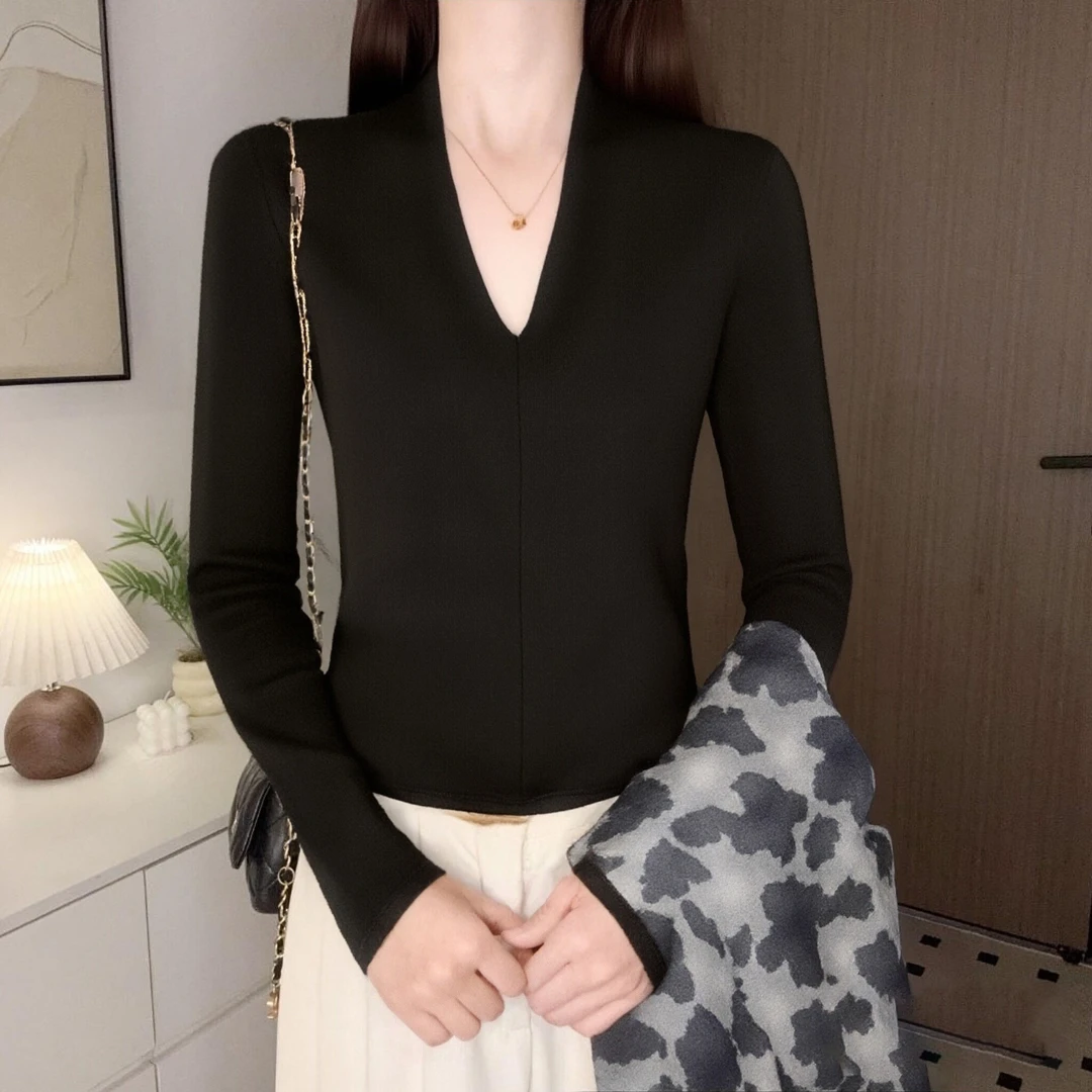 黑色螺纹V领打底衫女秋冬季内搭外穿纯欲风修身气质百搭长袖上衣