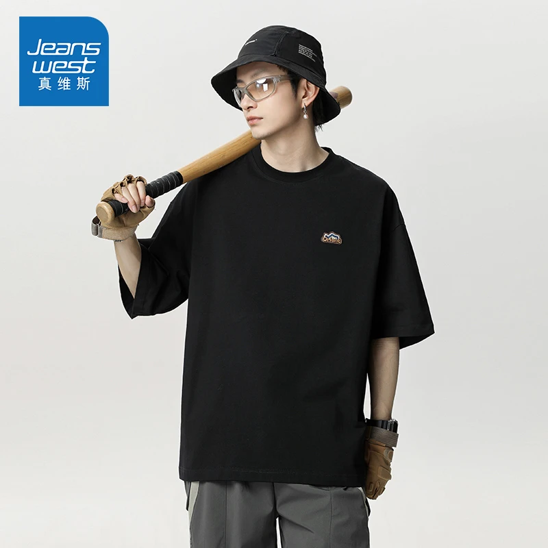 Jeanswest/真维斯男生潮牌纯棉半袖T恤夏季宽松百搭休闲圆领短袖