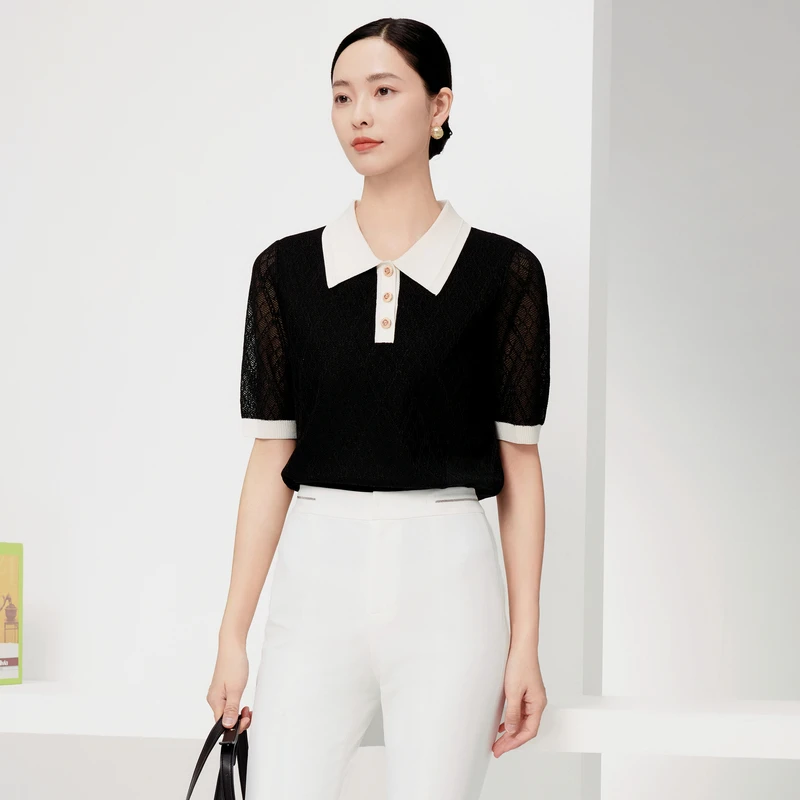 娜尔思气质翻领短袖针织衫女黑色夏季新通勤上衣NZ03611W0