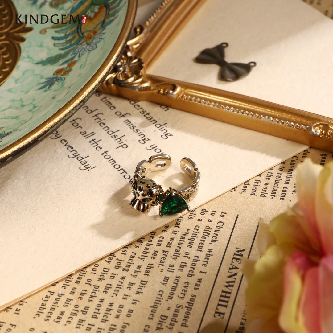 铜合金锆石戒指 法式个性小豹高级感百搭开口戒指 AT69XIPC-28395