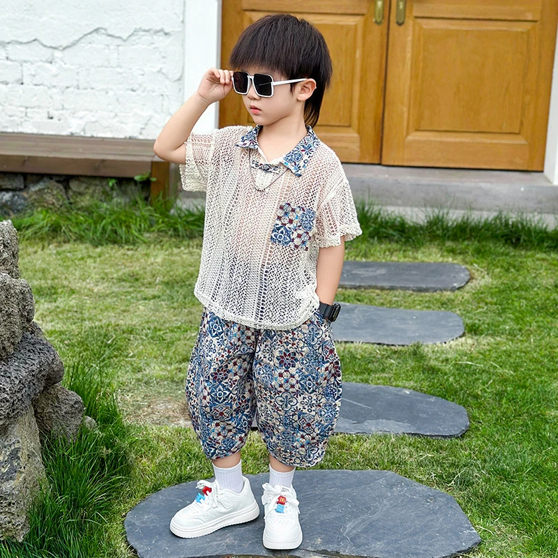 儿童服装薄款短袖男童夏装套装韩版碎花童装帅气小男孩夏天镂空