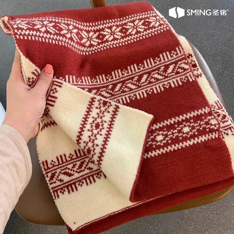 两面戴费尔岛风双色提花围巾肩部圣诞披肩围脖秋冬季保暖新年披肩