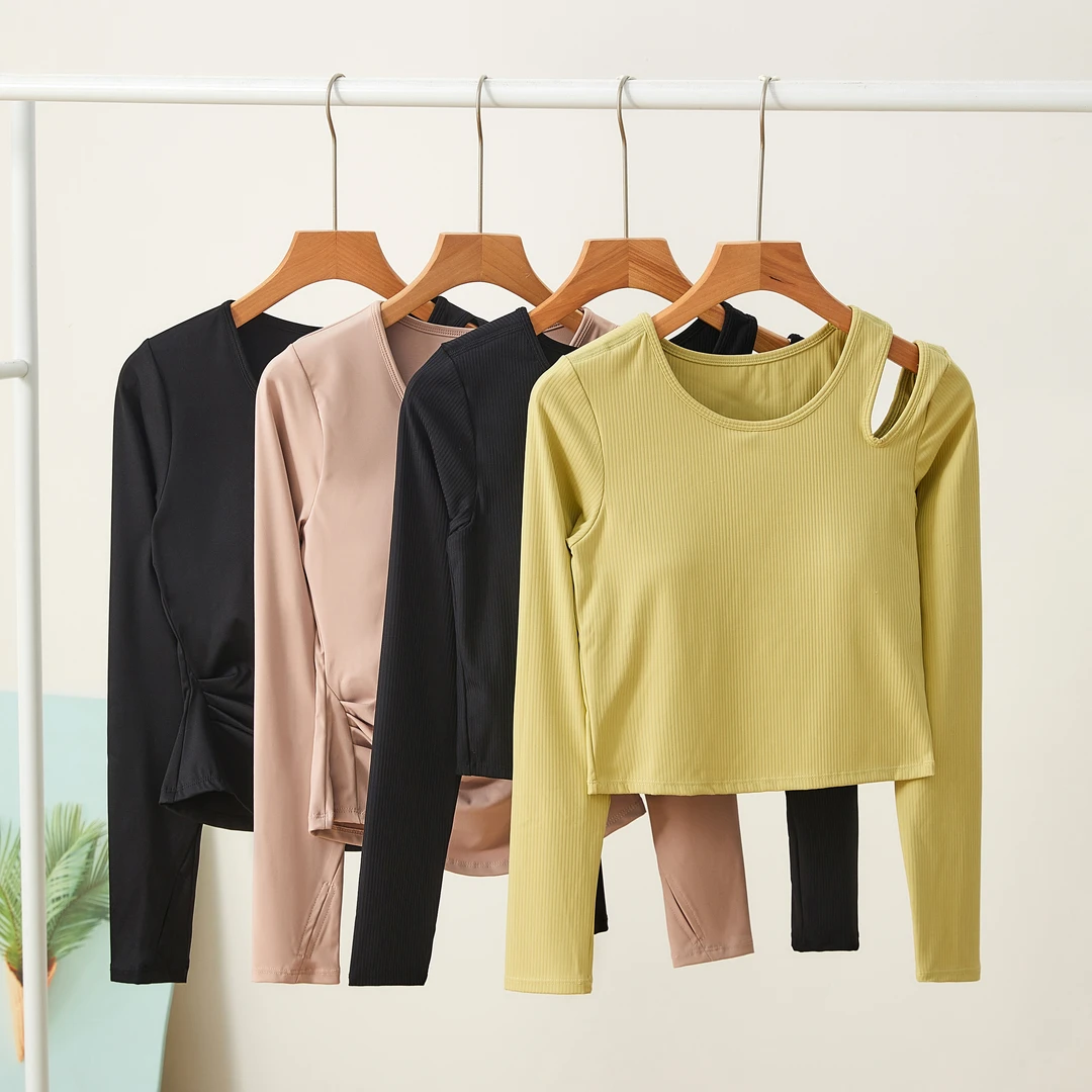 长袖瑜伽服高级镂空肩秋季显瘦速干吸汗普拉提褶皱圆领运动上衣女