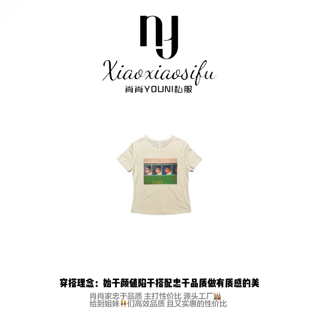 肖肖家-美式人头像 亚麻人物短袖休闲风杂志风T恤套装夏款ins风