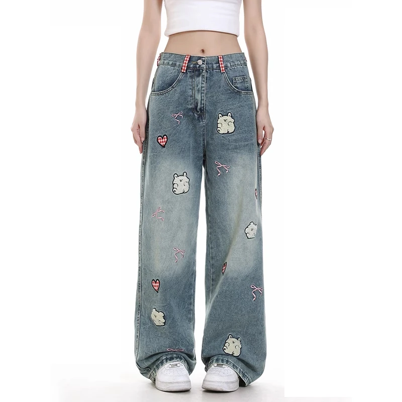 微胖mm美式复古水洗卡通刺绣牛仔裤女春季宽松设计感阔腿直筒长裤