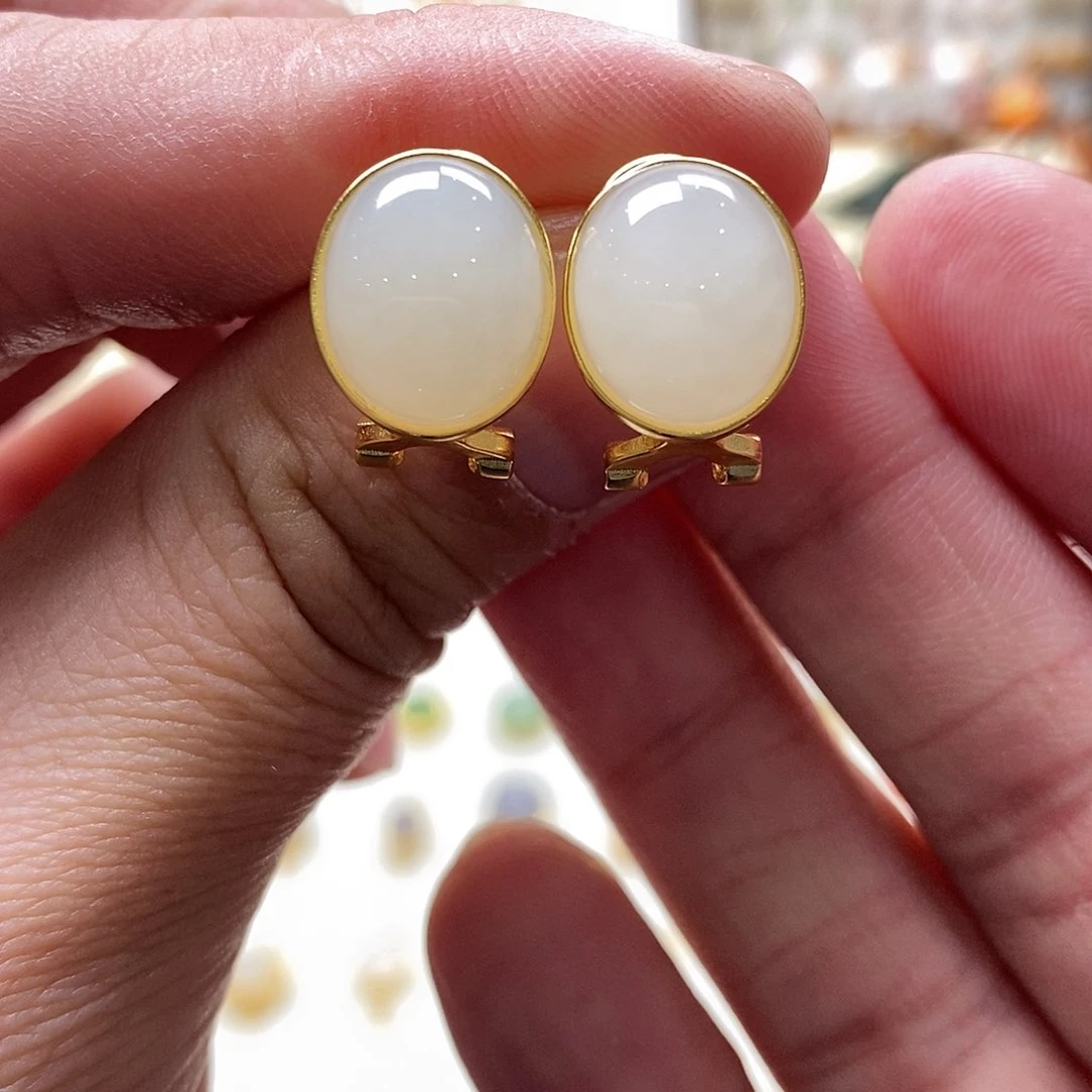 和田玉耳饰银S925镶嵌