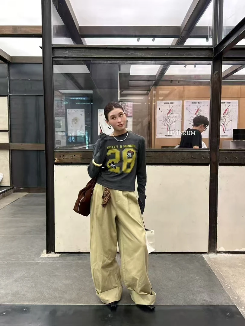 2351秋季新款休闲百搭卡通米奇T恤修身短款上衣打底衫