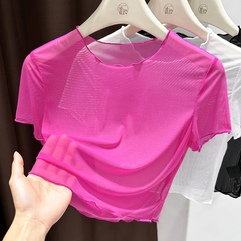 木耳边超薄蕾丝短袖t恤女新款气质百搭独特设计透气网纱圆领上衣