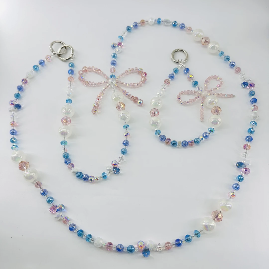 （357）欷夜原创蓝粉渐变蝴蝶结手机斜挎+手机挂绳